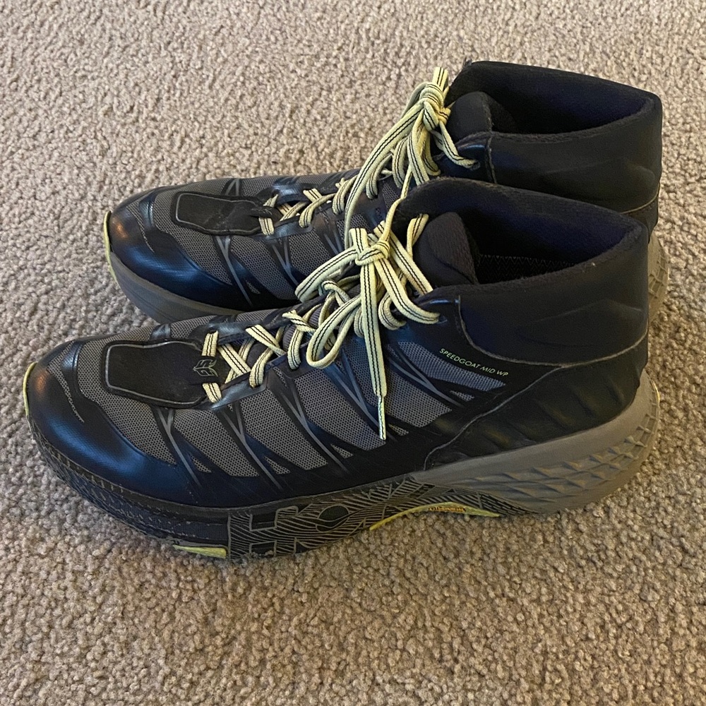 Hoka Black and Yellow hiking shoes